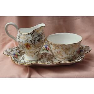 Bone China Rose and Gold Floral Sugar and Creamer Set with Tray Made in England